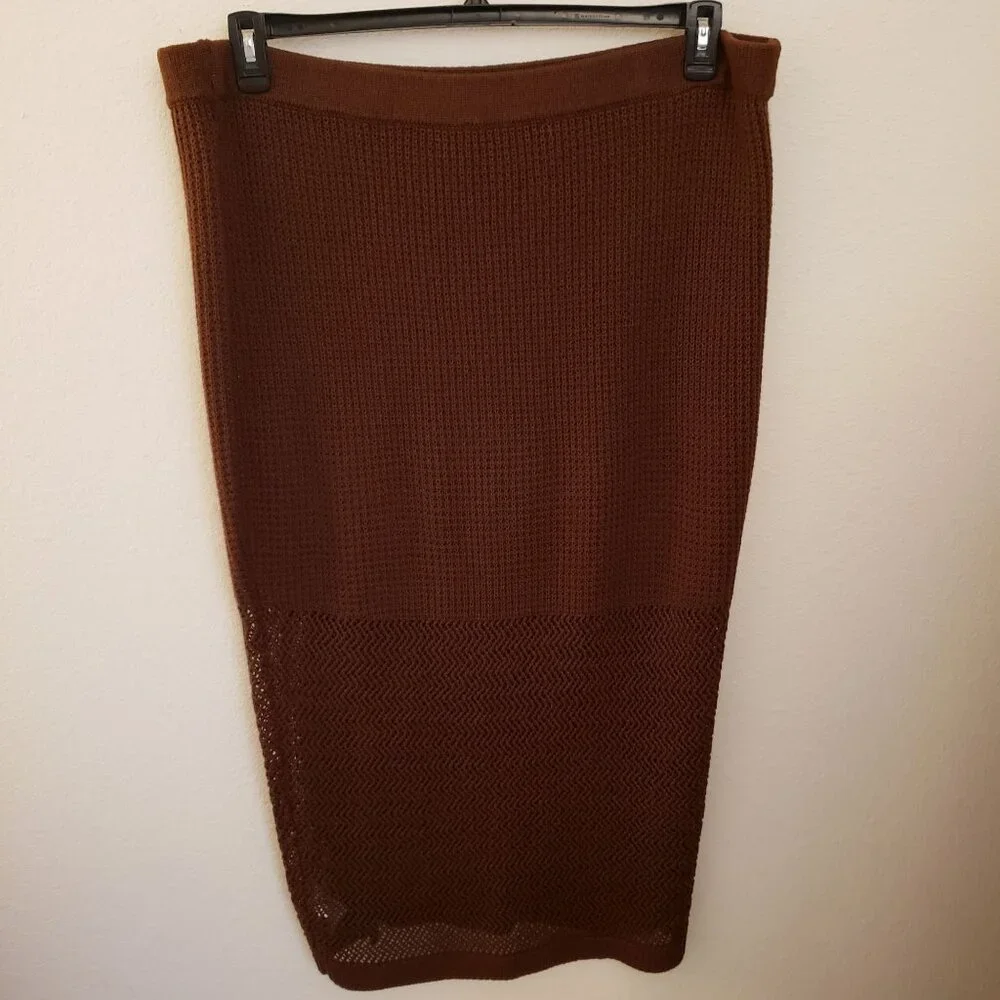 Nina Parker  Brown Knit Pencil Crochet Midi Skirt with Front Slit 3X NWOT